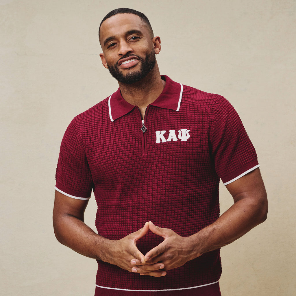 Kappa Alpha Psi Greek Letter Waffle Knit Zip Polo (Krimson)